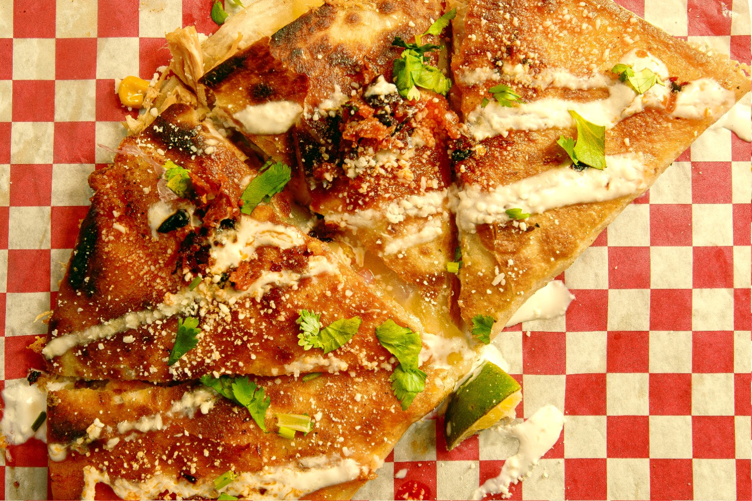Griddled quesadilla with sauce and cilantro